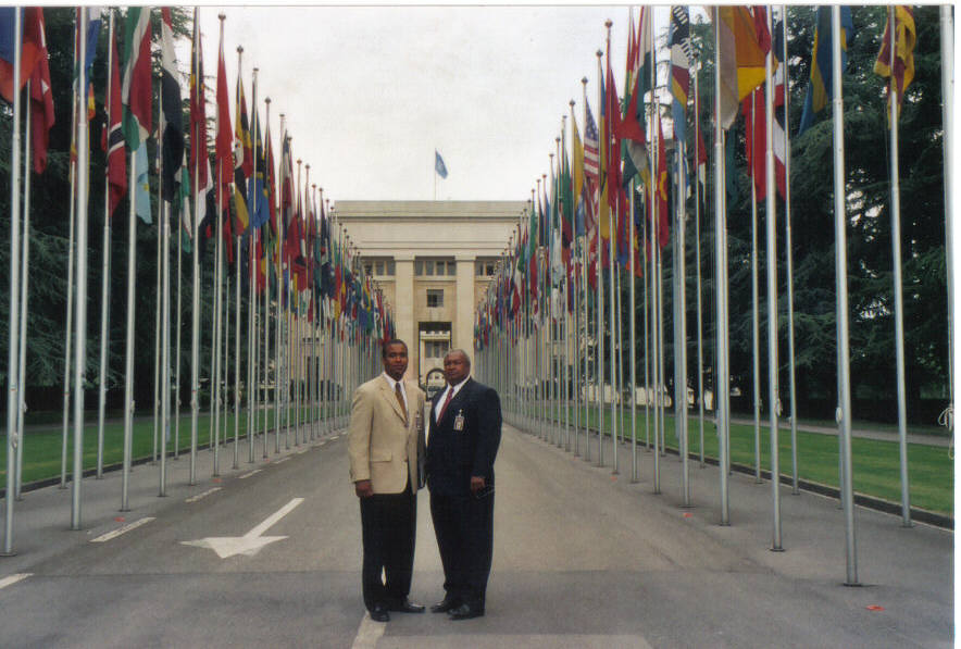Ishmael Abdul-Salaam and Mr. Silis Muhammad in front of the Palais des Nationes in Geneva